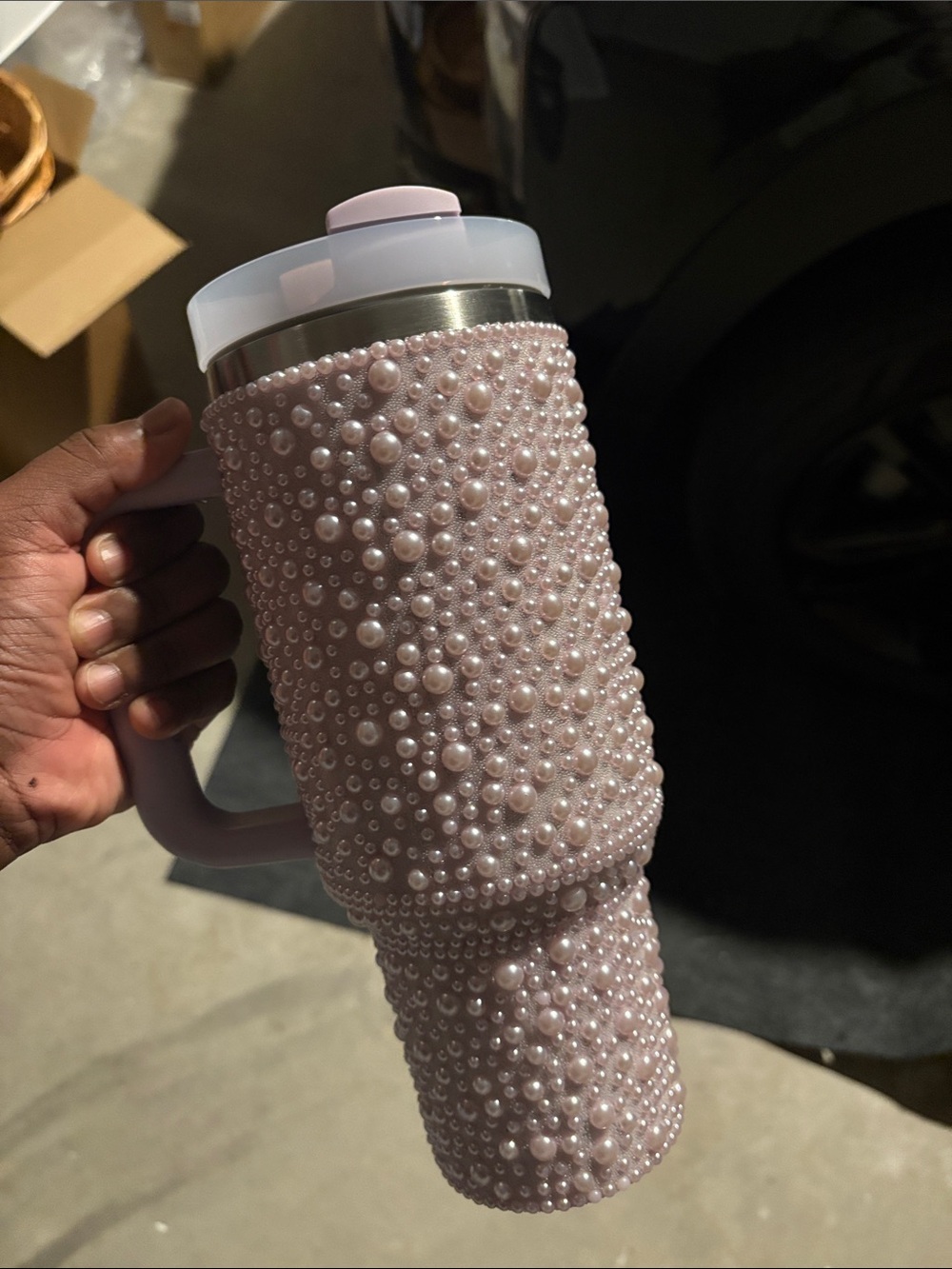 Purple Pearl-Embellished Travel Tumbler with Handle